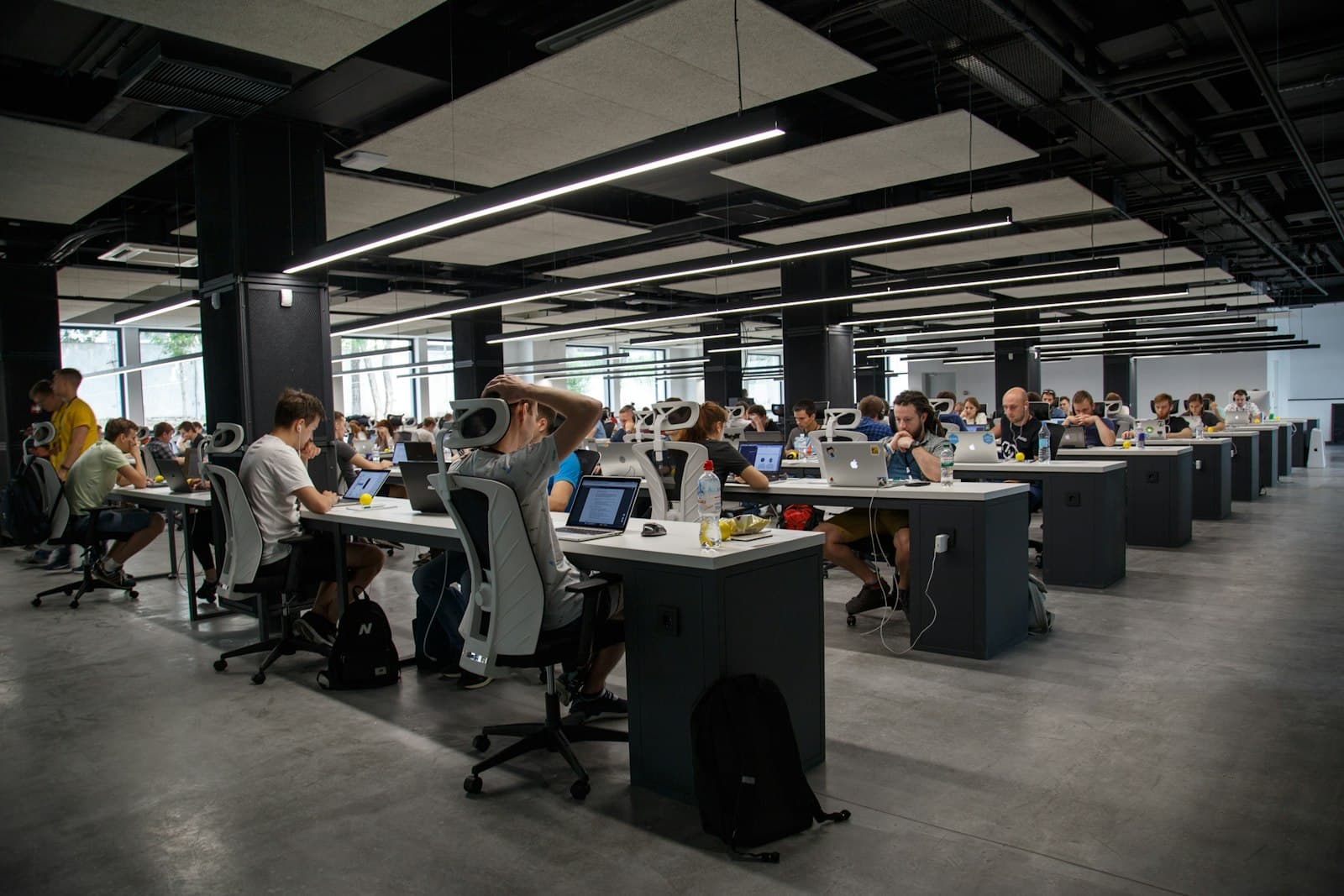 Support team working at desks in an open-plan office